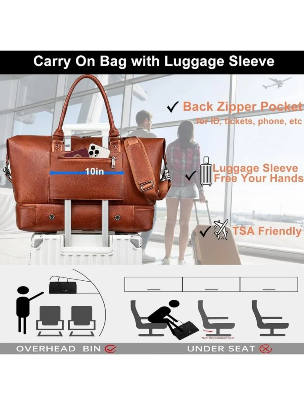Large Faux Leather Travel Duffel Bag with Shoe Compartment - Waterproof